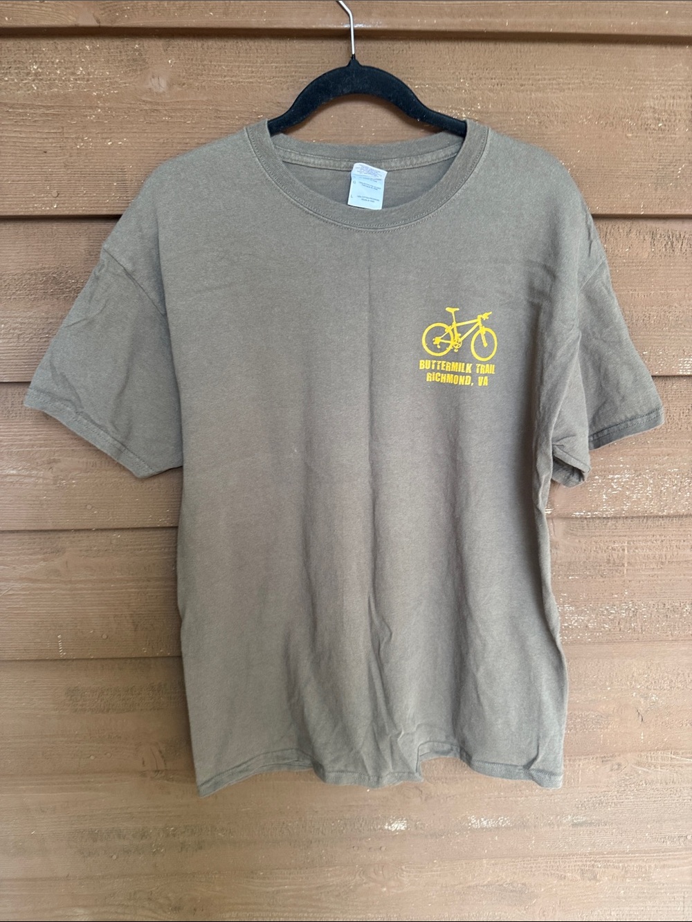 Gildan Olive Green “One Less Car” Buttermilk Trail Tee Yellow Bike Logo size L
